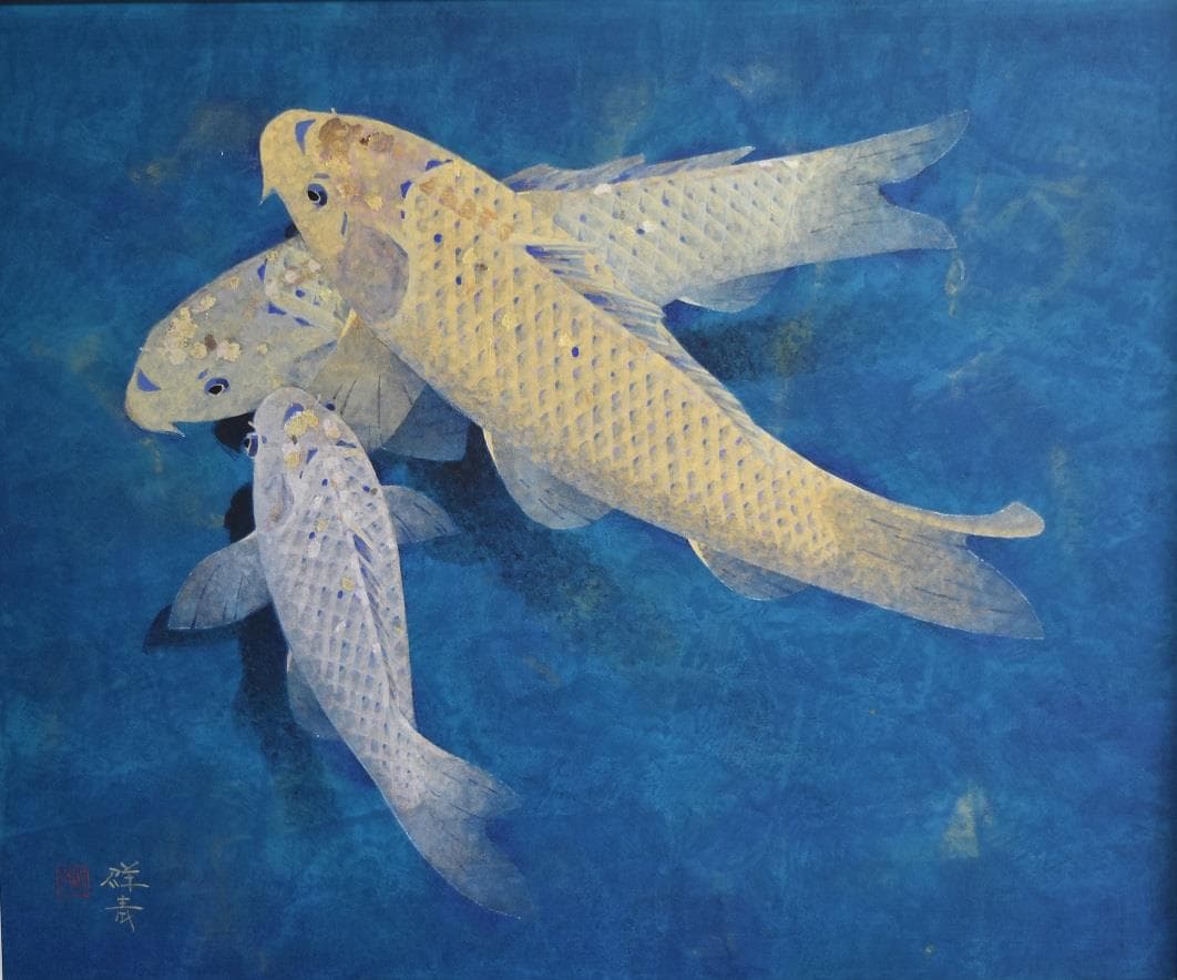 日本画 鯉の名人による繊細なタッチで泳ぐ金鱗銀鱗 逸品