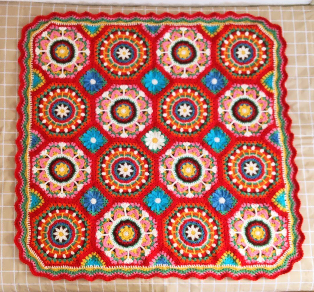 C426 手編みマルチカバー ブランケット モチーフ編み 大判 曼陀羅