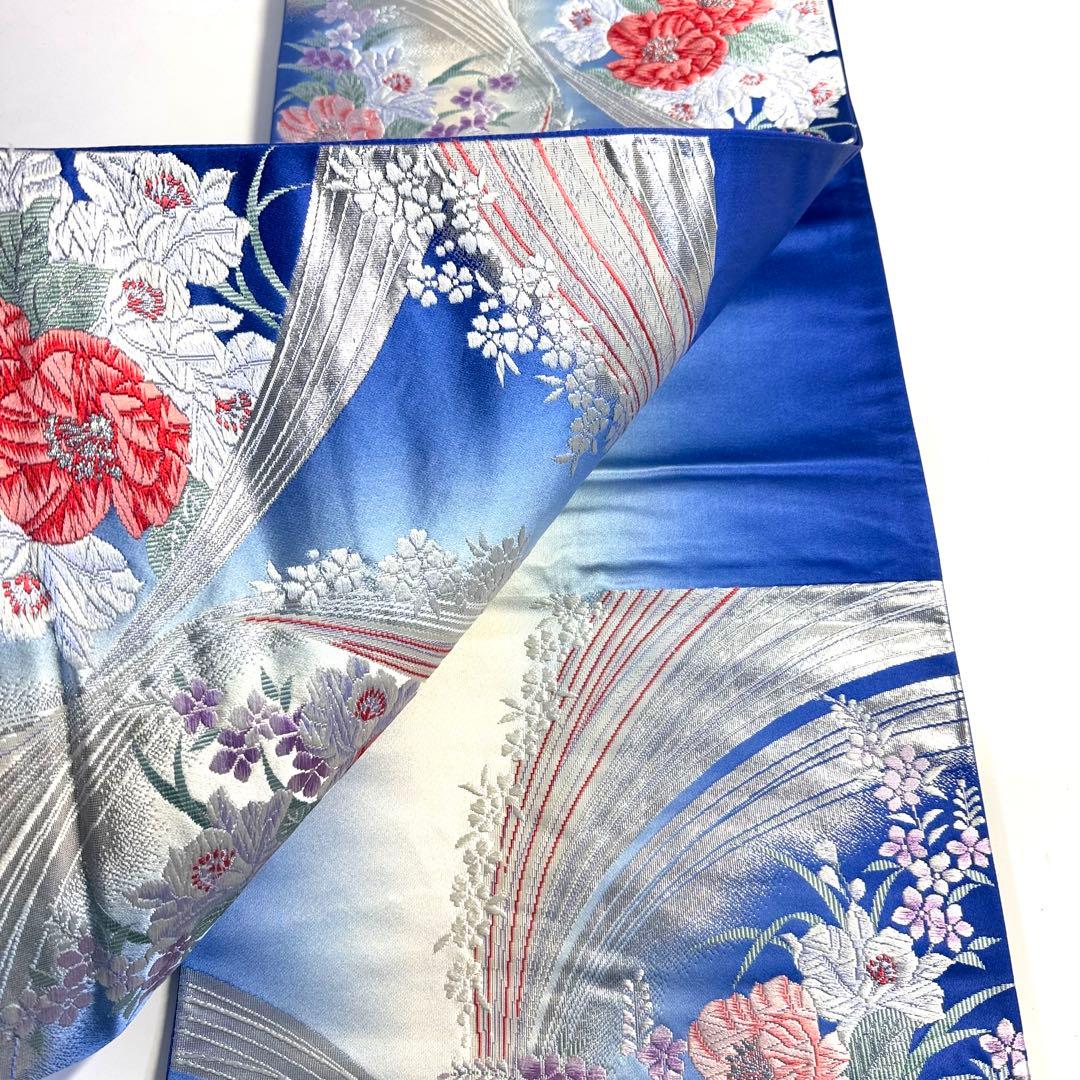 5k2963 袋帯 絹 唐織 銀色 青 赤 白 紫 ピンク 花柄 和装 着物 - メルカリ