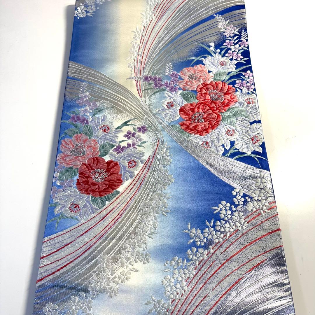 5k2963 袋帯 絹 唐織 銀色 青 赤 白 紫 ピンク 花柄 和装 着物 - メルカリ