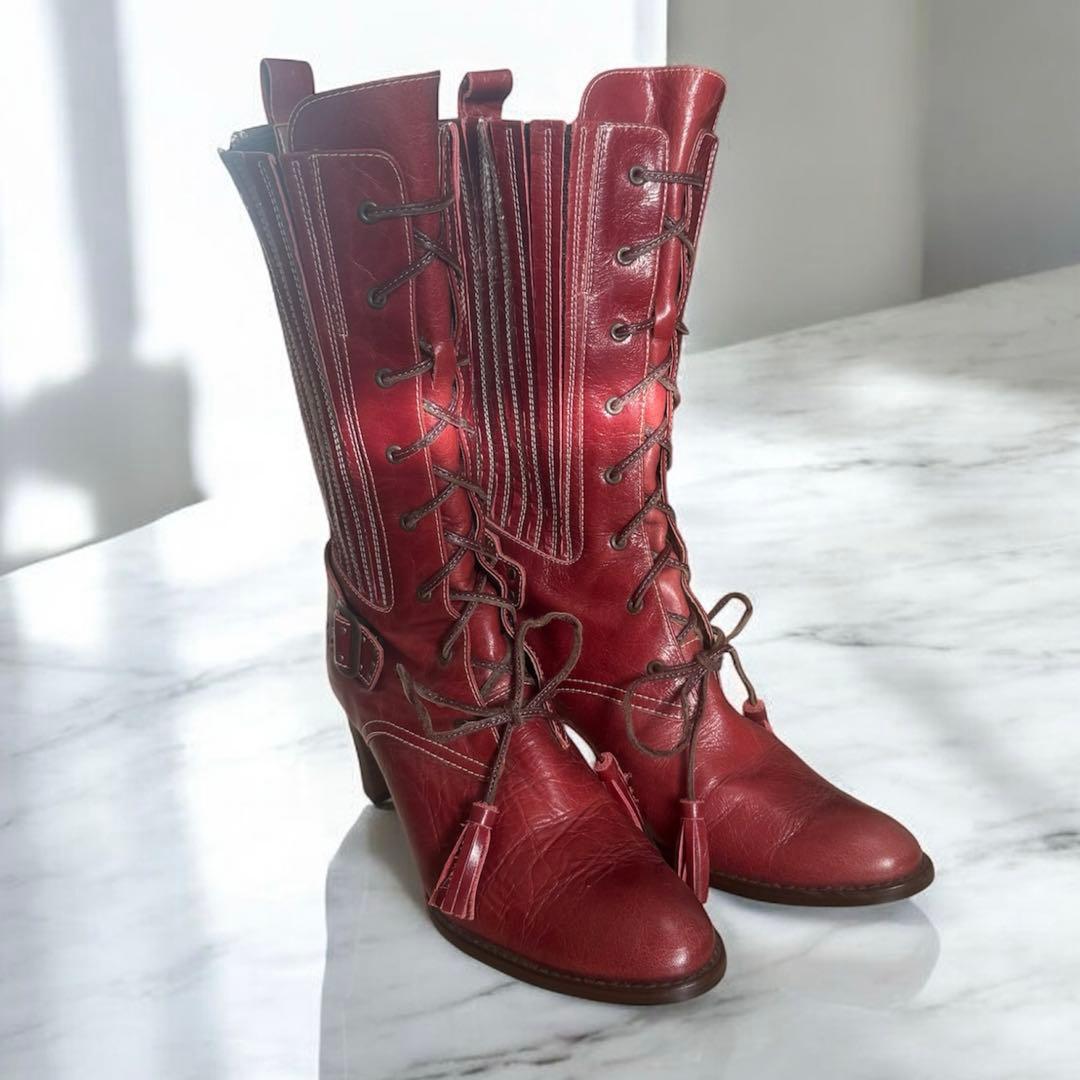 PISARO　ピサロ　本革レースアップロングブーツ　レッドピンク　編み上げ PISARO ピサロ 本革レースアップロングブーツ レッドピンク 編み上げ