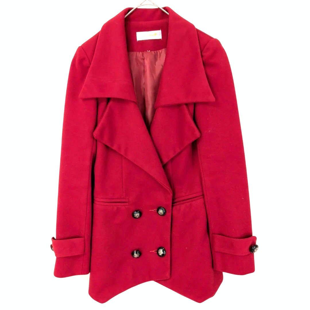 pudding 赤 ウール風 ピーコート レトロ 大きな襟 ミドル丈 - メルカリ