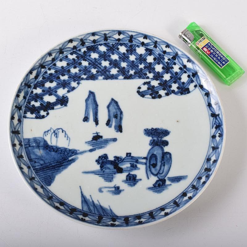 古伊万里 初期伊万里 大明成化年製款 染付 山水文 飾皿 時代箱 M R7968