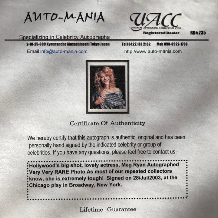 メグ・ライアン 直筆サイン入りフォト 永久保証証明書付