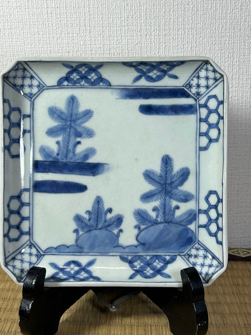 古伊万里《若松紋》角皿　江戸時代 4枚　無傷