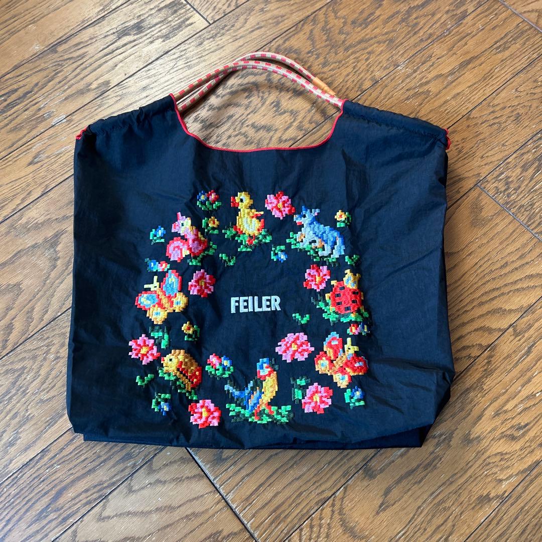 ボールアンドチェーンエコバッグ M フェイラー FEILER 刺繍ブラック花