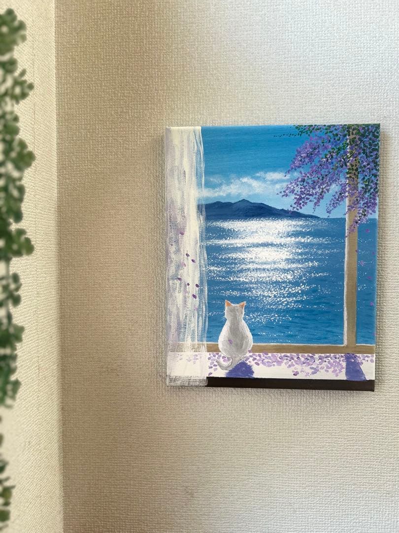 猫の風景画 アクリル絵画 キラキラ輝く海を眺める子猫ちゃん - メルカリ