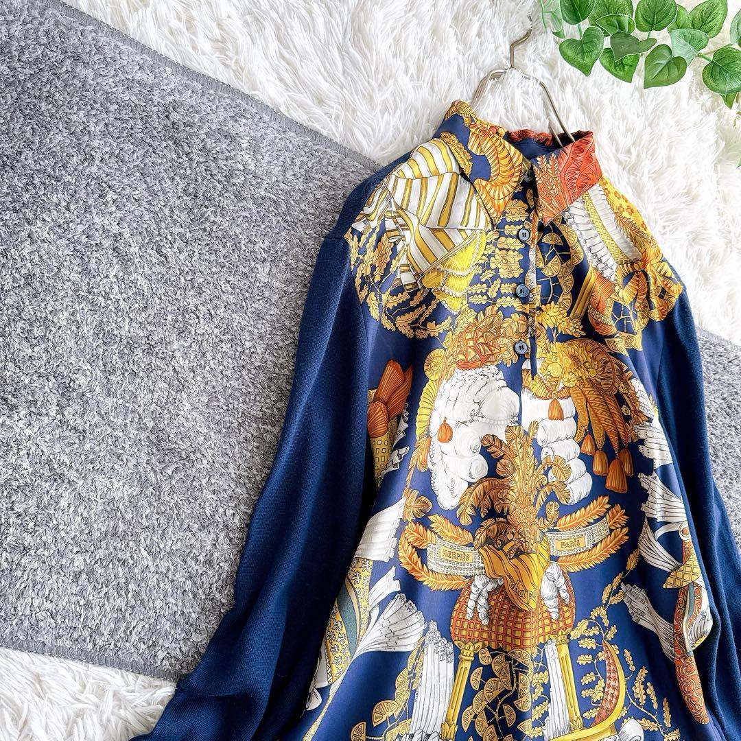 オールド エルメス ニット切替異素材シャツブラウスシルクカシミヤM