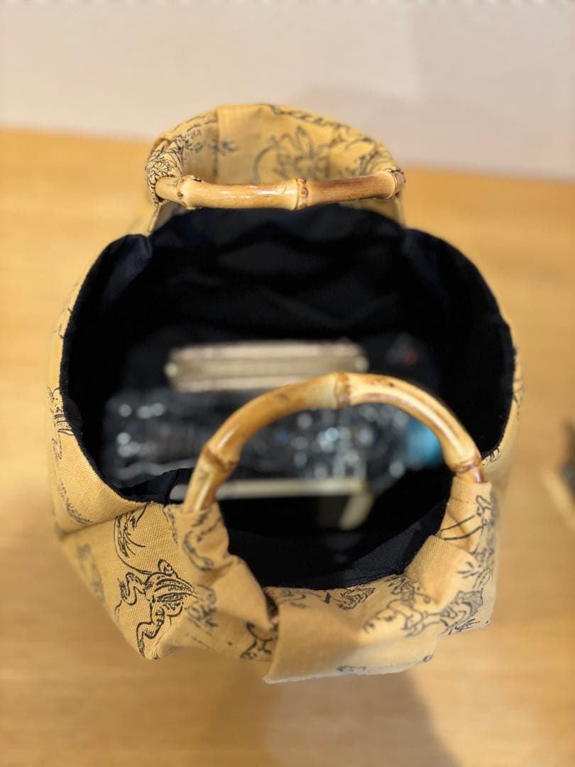 和装バック 着物バック 和柄コットン生地・鳥獣戯画（からし色）入学