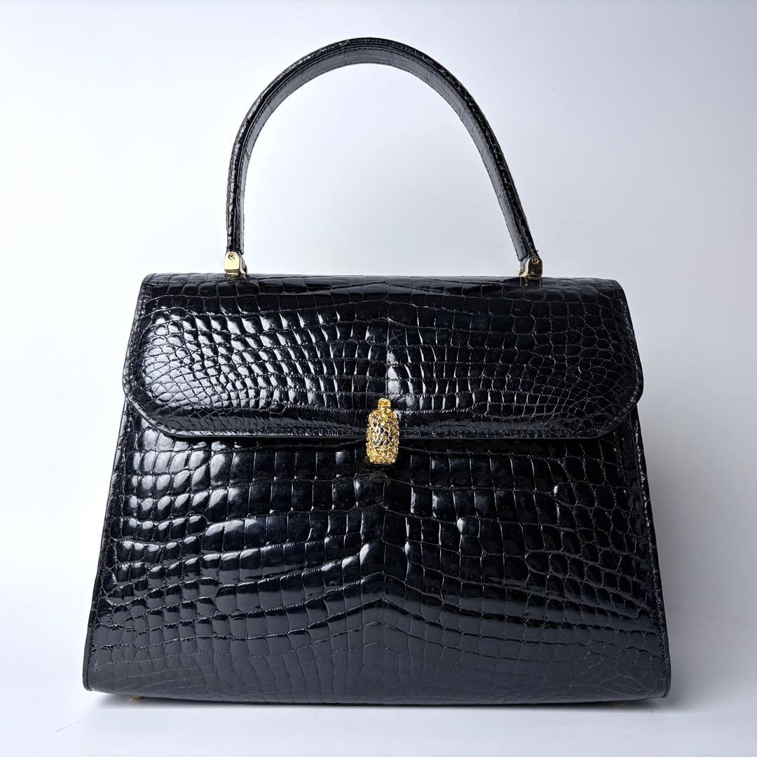 WATA‐ICHI シャイニングクロコ センター取り トップハンドル 黒の通販