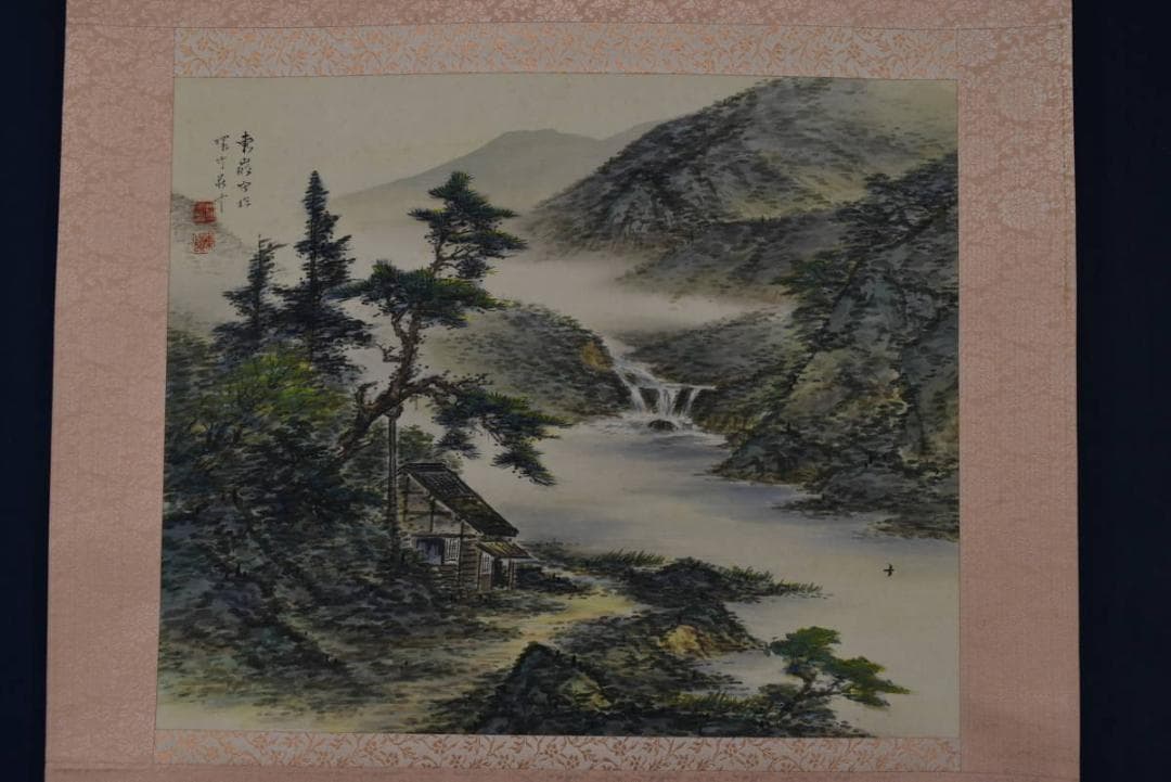 【真作】荻田東嶺/深渓緑陰図/青緑山水図/横物/掛軸☆宝船☆Z-913