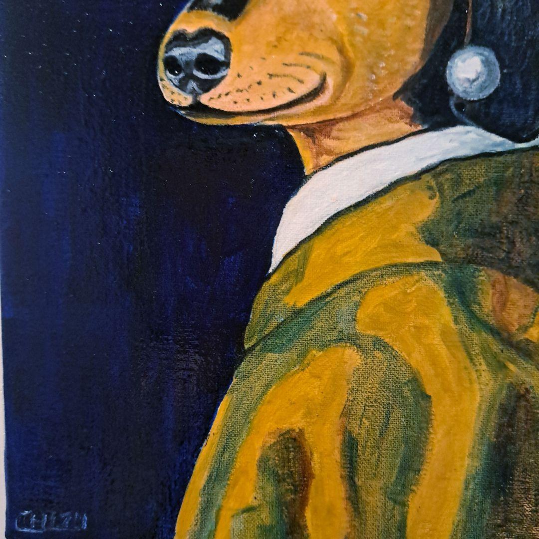 キャンバス油絵 専用 真珠の耳飾りの青いターバンの犬 フェルメール