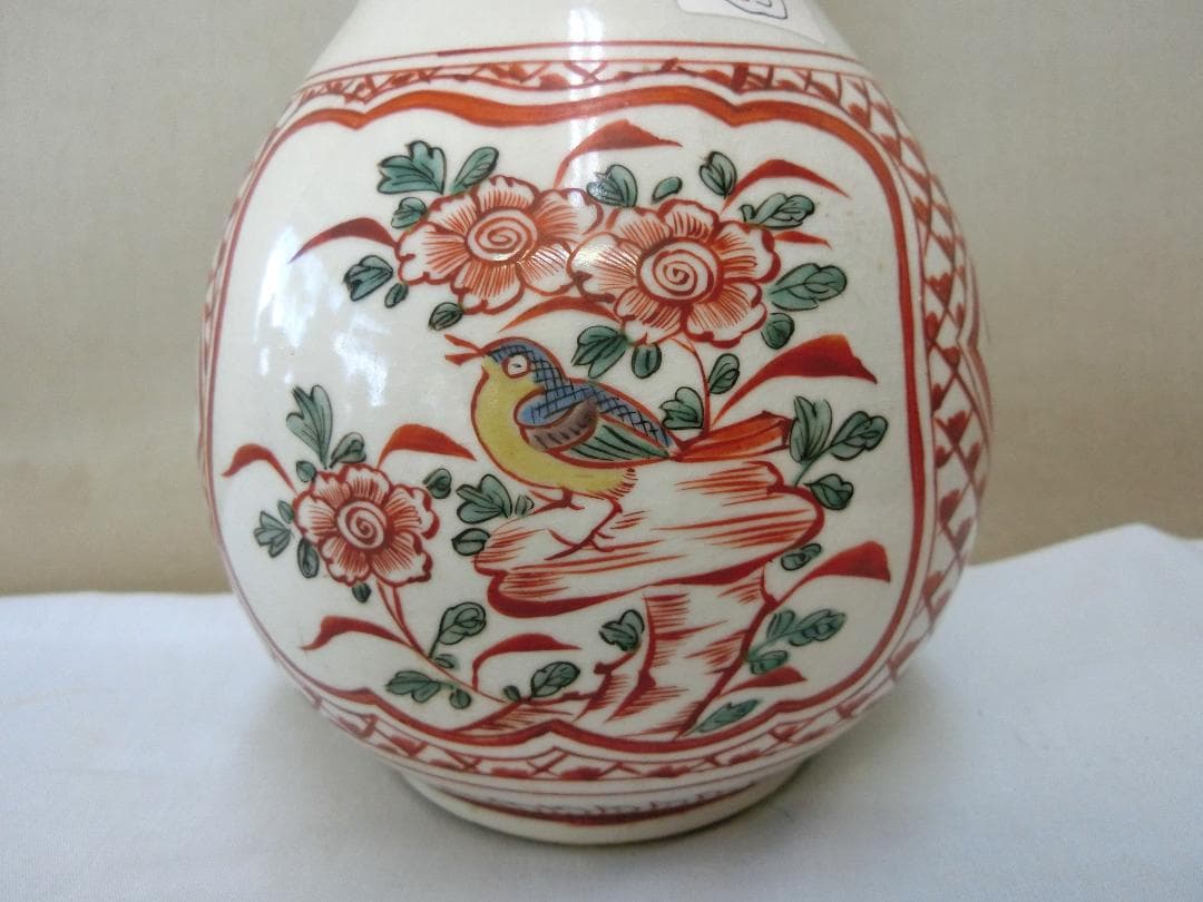 九谷瓢箪型花器 色絵 角福銘 窓絵花鳥人物図・33】◇花瓶鑑賞 美術工芸