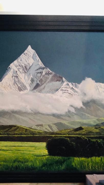 貴重、ヒマラヤの油絵、ヒマラヤ山脈、大型油絵、マチャプチャレ