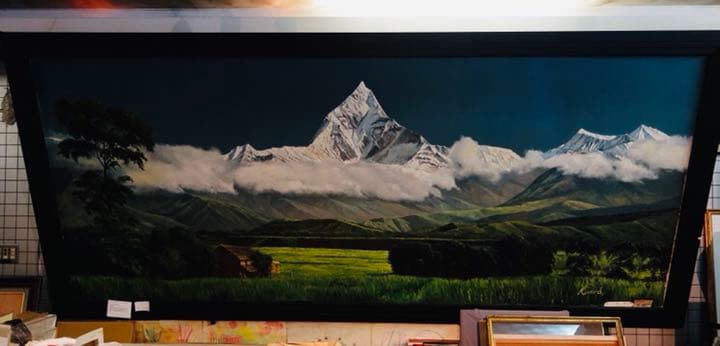 貴重、ヒマラヤの油絵、ヒマラヤ山脈、大型油絵、マチャプチャレ、ホテルのロビーに 貴重、ヒマラヤの油絵、ヒマラヤ山脈、大型油絵、マチャプチャレ