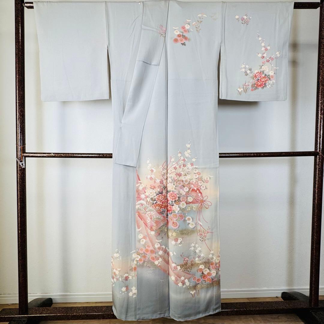 超美品 正絹 袷 広襟 訪問着 付け下げ 着物 162裄61.5 水色 作家物