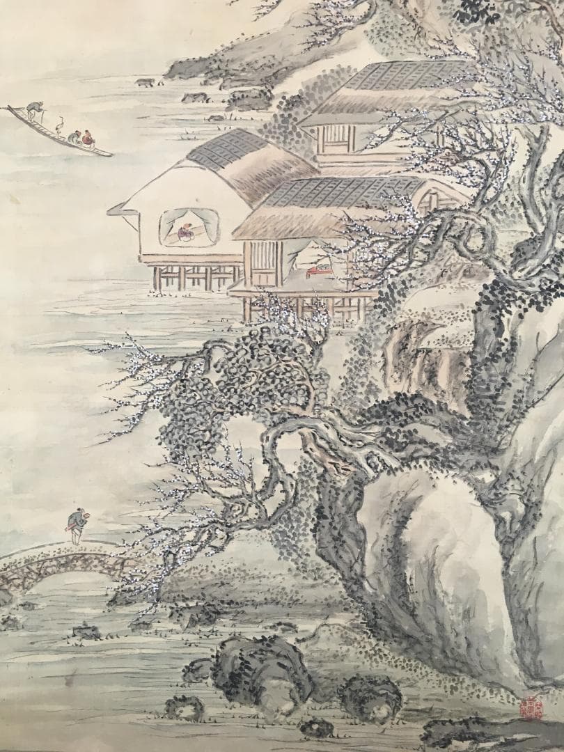 大迫力！[帆足杏雨・尺八絹本・山水図・元箱(箱書あり)]／豊後南画 大迫力！[帆足杏雨・尺八絹本・山水図・元箱(箱書あり)]／豊後南画