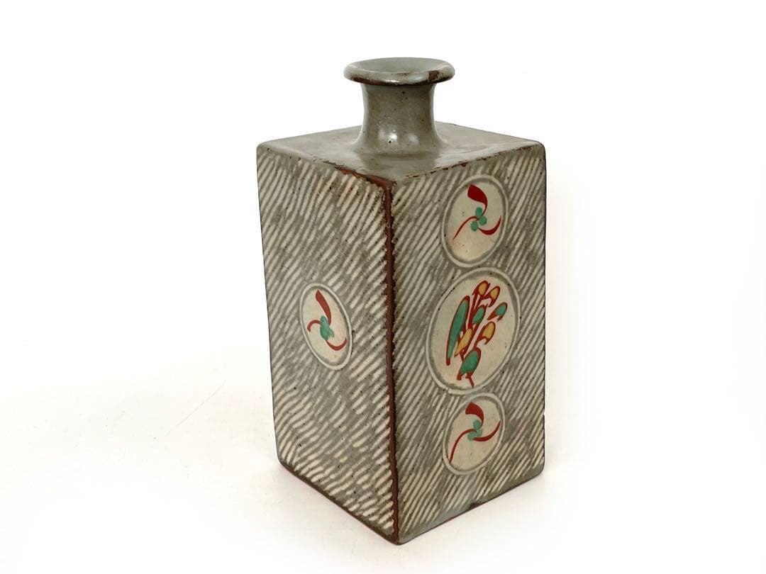 陶芸家 人間国宝 島岡達三 象嵌赤絵 方壺 角瓶 花瓶 花入 縄文