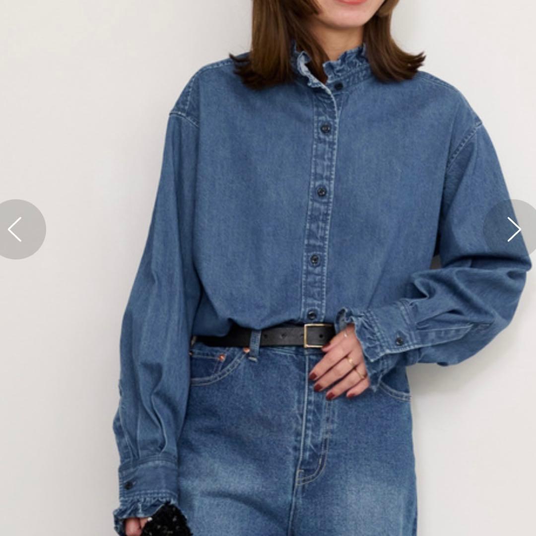 【美品】ジャーナルスタンダードレリューム デニムフリルシャツ フリー WEB限定追加予約4》スタンドネックデニムフリルブラウス（シャツ