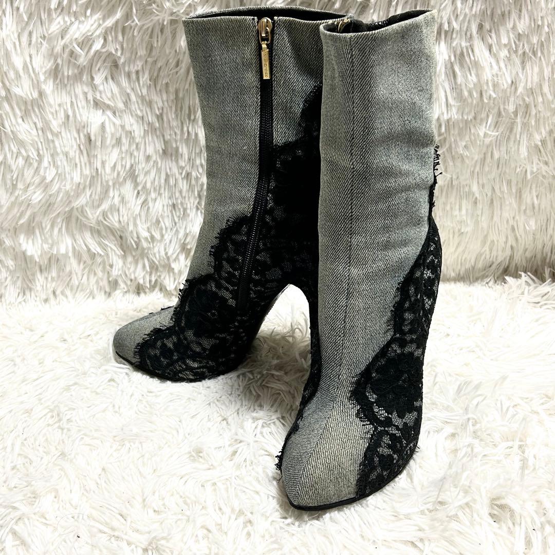 ドルチェ&ガッバーナ デニム×レース ショートブーツ 39 ヒール12.5cm Lace Ladies（レースレディース） ブーツ チャンキーヒールレース