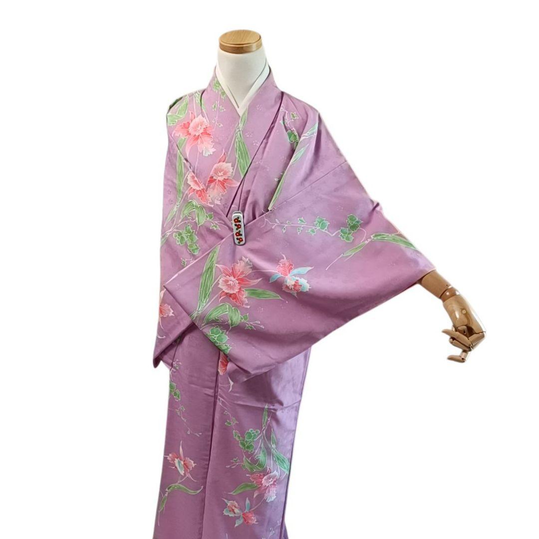 K141 袷 お召し物 着物 小紋 化繊 洗える着物 花 紫 - メルカリ