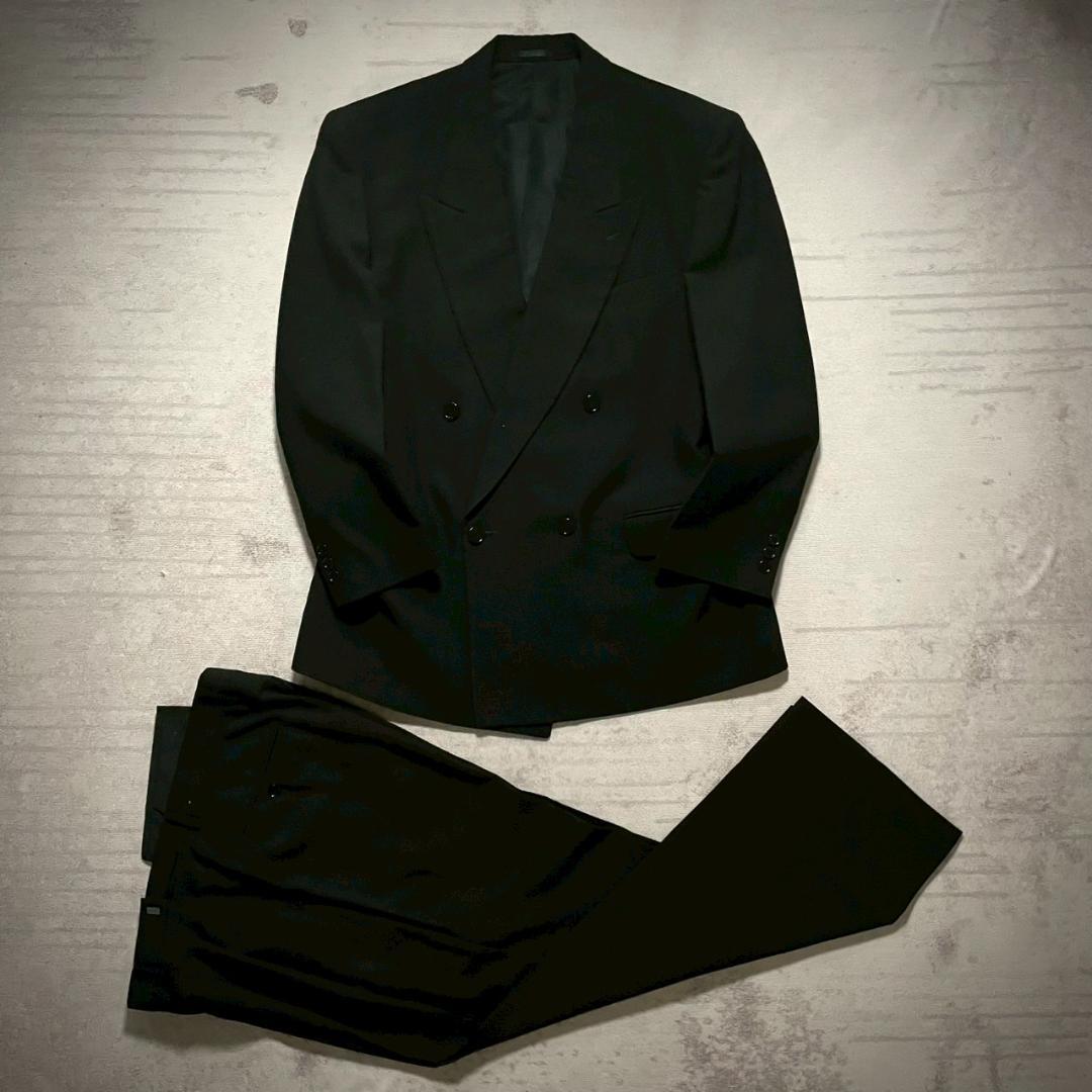 超美品 90's オールブラック ダブルブレスト 漆黒 ウール Sサイズ 〕 【セットアップ対応】2WAYストレッチフラノ ダブル