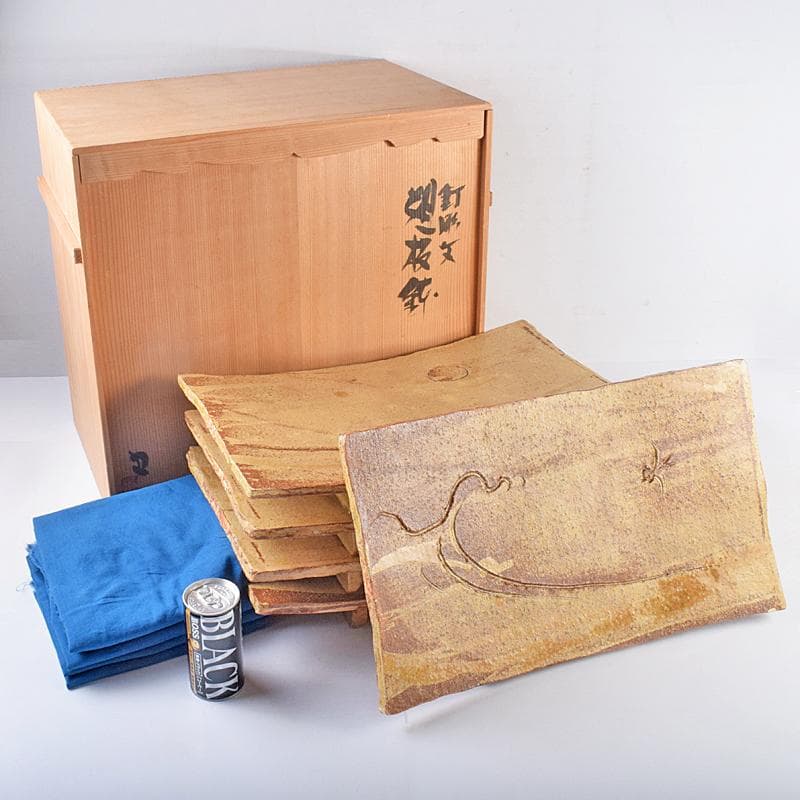 和食器　番浦史郎　釘彫文鉢　四方鉢　板皿　長方皿　五客　共箱　M　R8876B 和食器 番浦史郎 釘彫文鉢 四方鉢 板皿 長方皿 五客 共箱 M R8876B