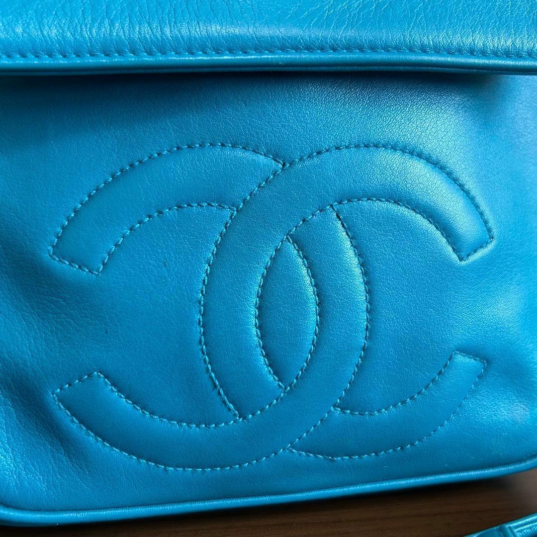 真贋済 CHANEL シャネル ブルー レザー ショルダーバッグ ココマーク