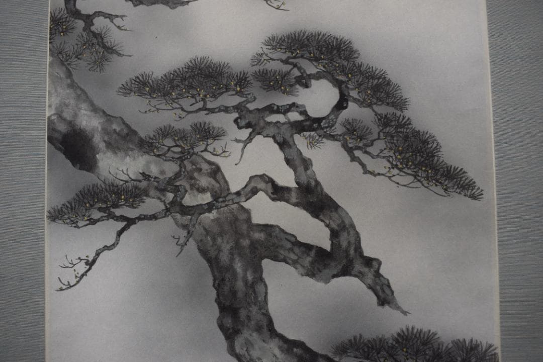 老松に滝図】樗園1007 掛け軸肉筆迫力大幅