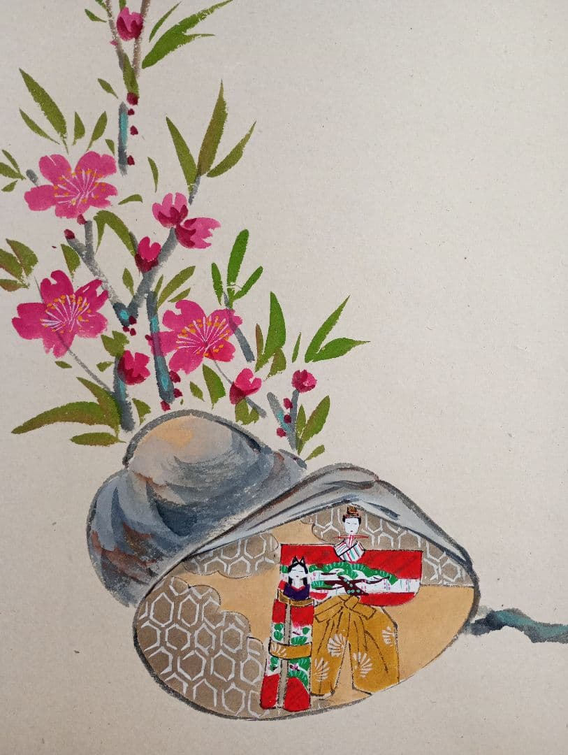 美品 掛け軸 黄梅院 小林太玄作 貝合雛画賛「桃花万家宴」共箱 茶道具