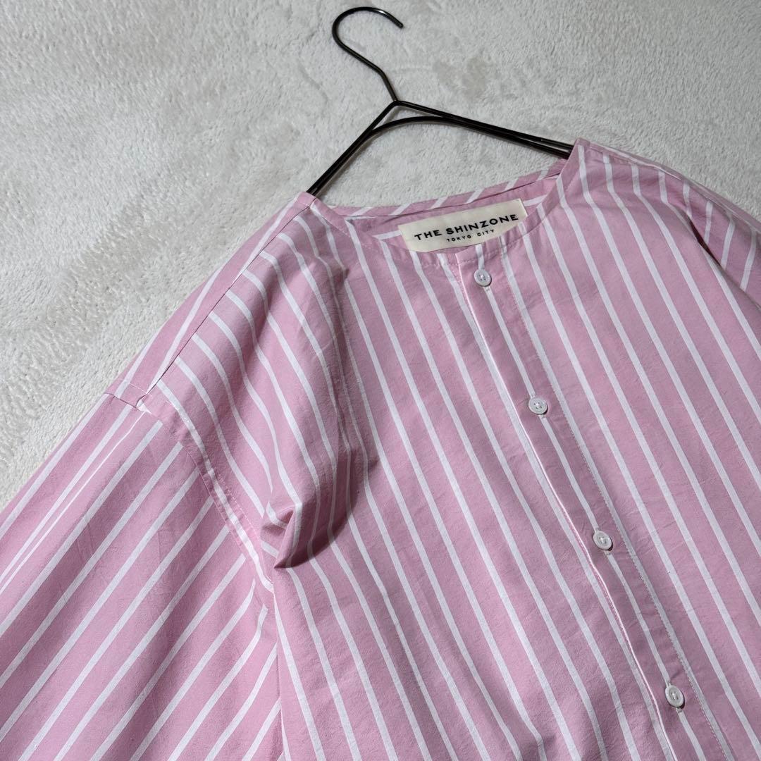 シンゾーン NOCOLLAR SHIRTS ノーカラーシャツ ストライプ ピンクの