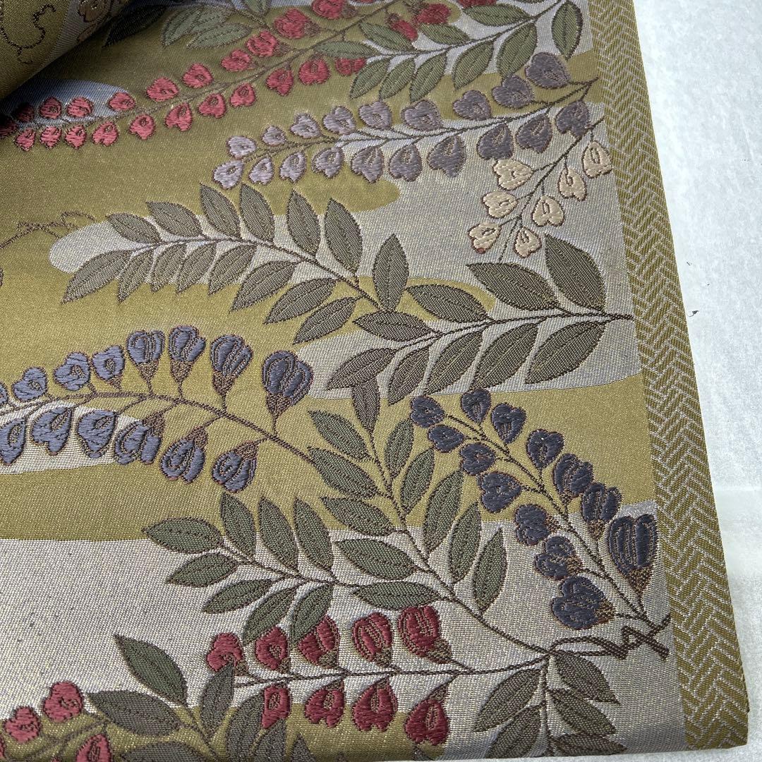 花柄刺繍 六通柄袋帯 オリーブグリーン系1231