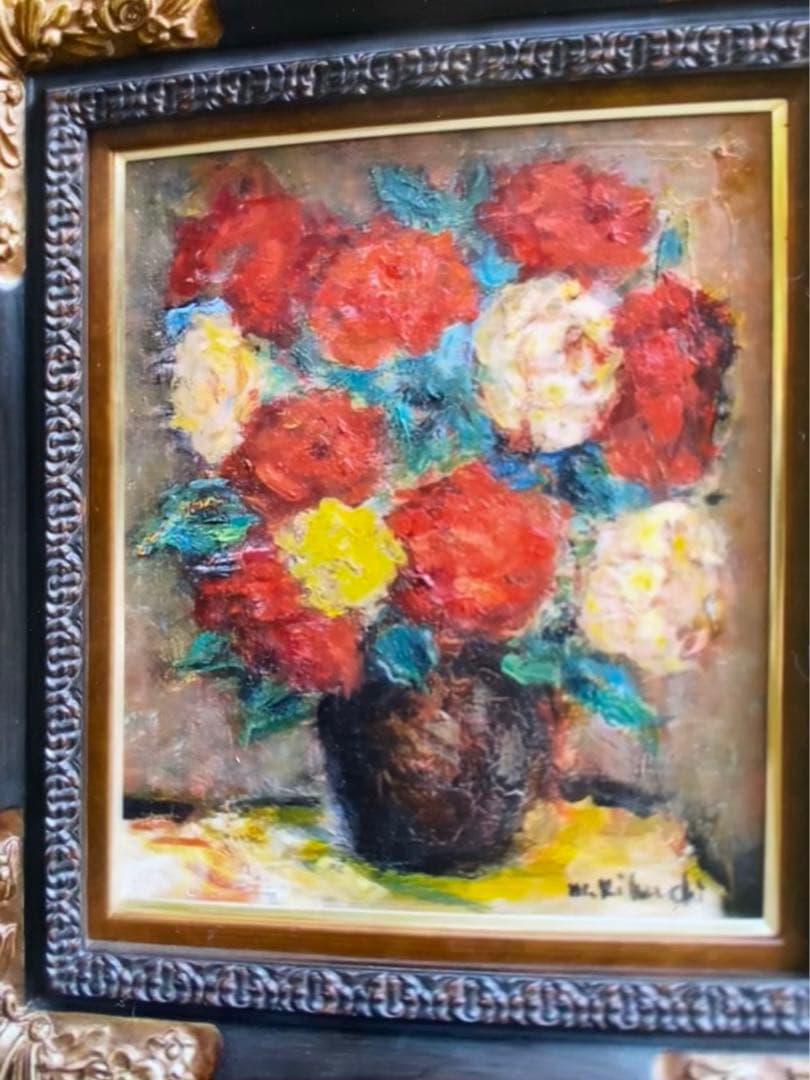 絵画 油彩画 油絵 F8 「2色のバラ」パリ 菊地正則 豪華 美品 額付き