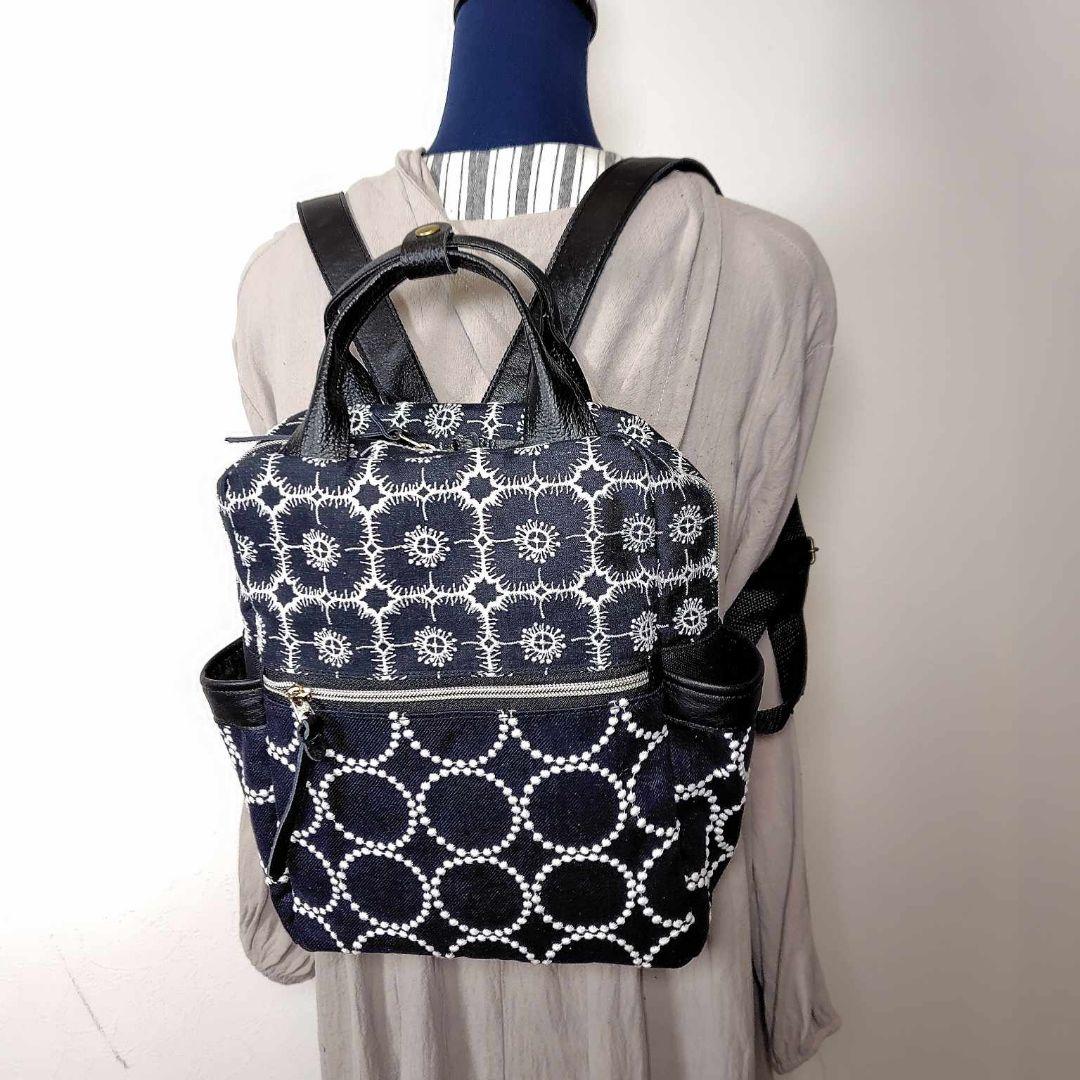 専用】/タンバリンネイビー×アネモネ/ボストン型トートリュック本革黒