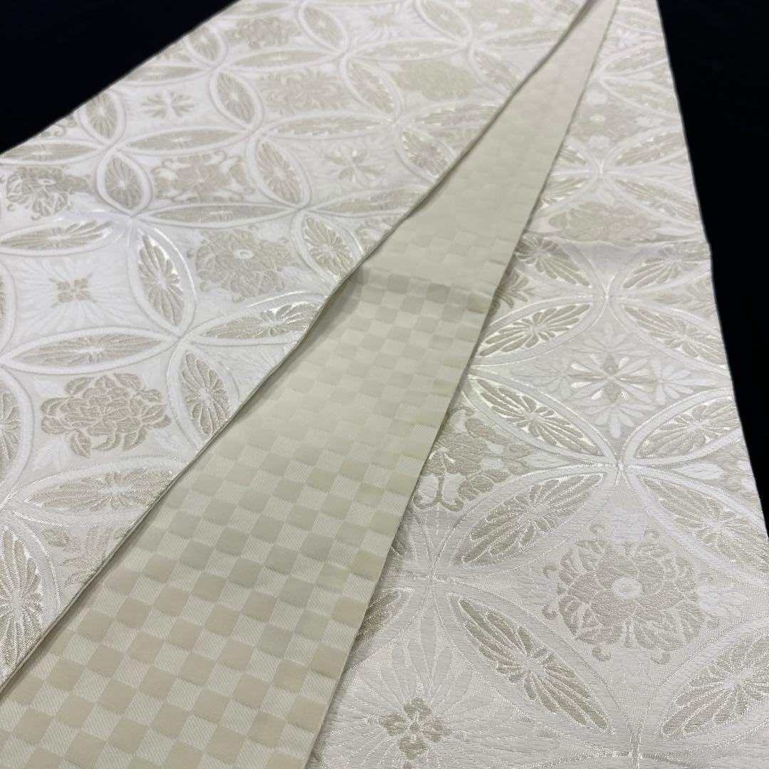新品 正絹 袋帯 西陣 華翔苑 藤本仁 全通 七宝 白 薄クリーム 未