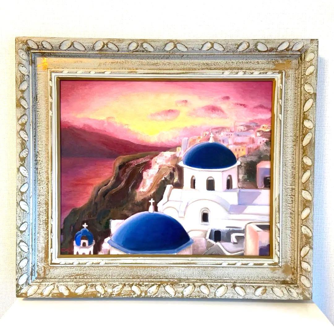 油絵　「ギリシャ」 風景画 8号 額装付き 絵画 風景画(街並み) ギリシャ サントリーニ島 インテリアアート額付き
