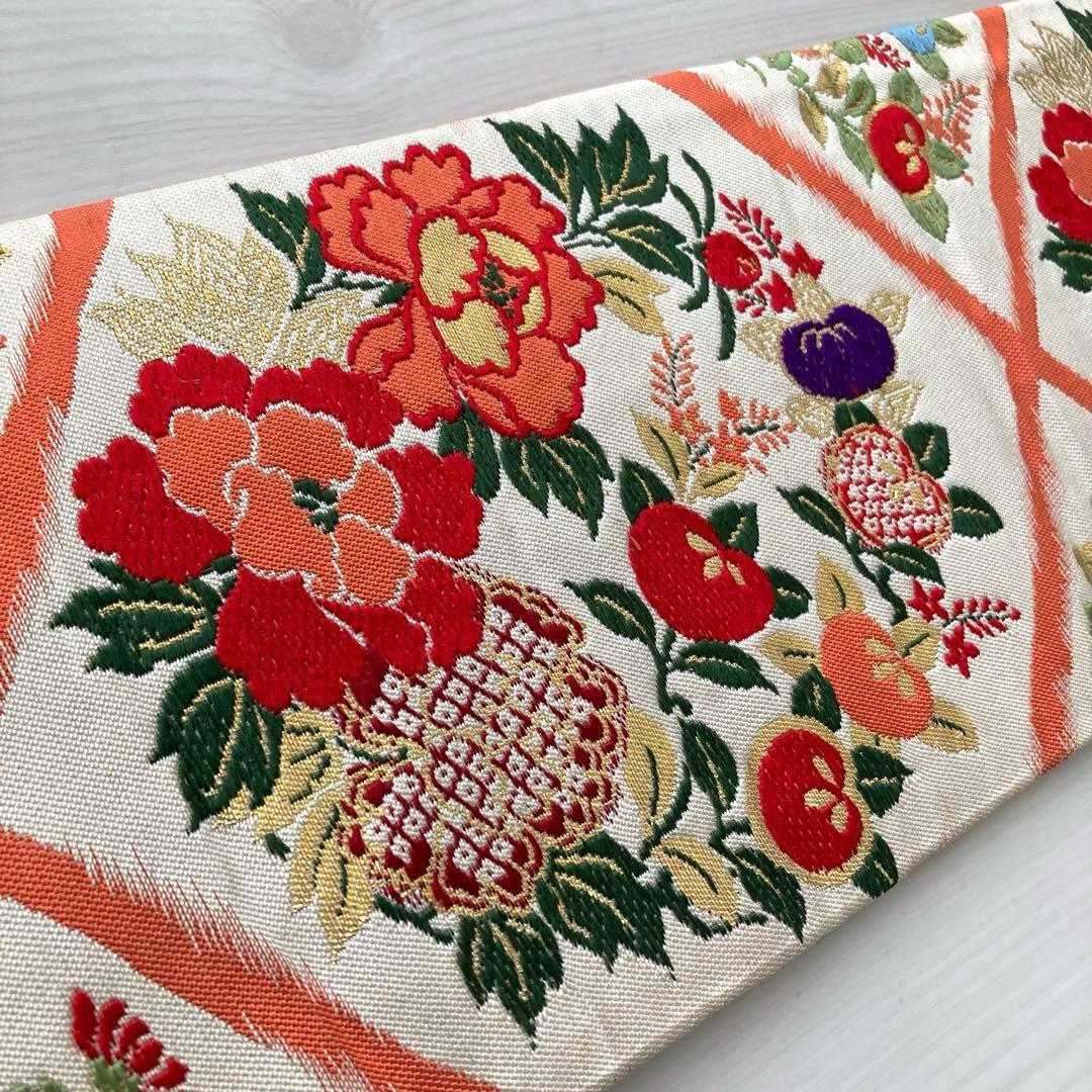 アンティーク名古屋帯 織り出し花模様 アイボリー 正絹 大正ロマンNo.28