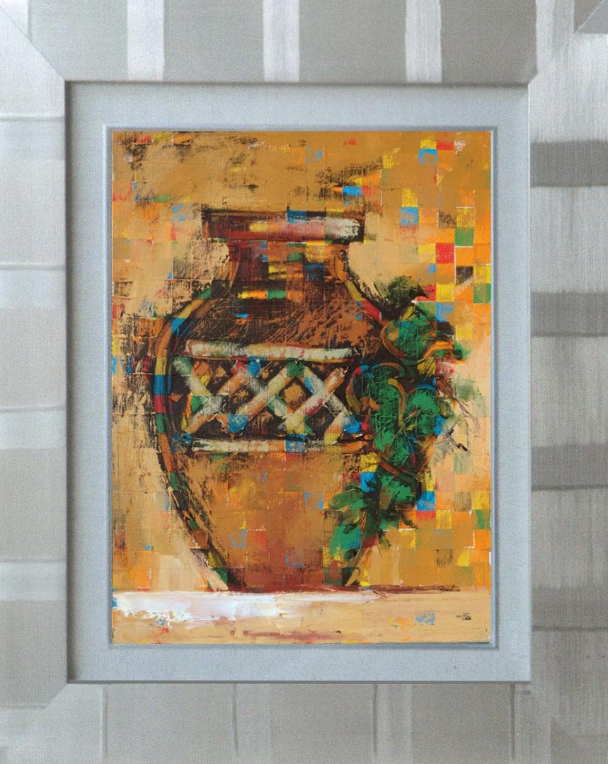 油絵 菅家令子絵 絵画インテリア額付(青緑＋金色の枠) uF6-064104