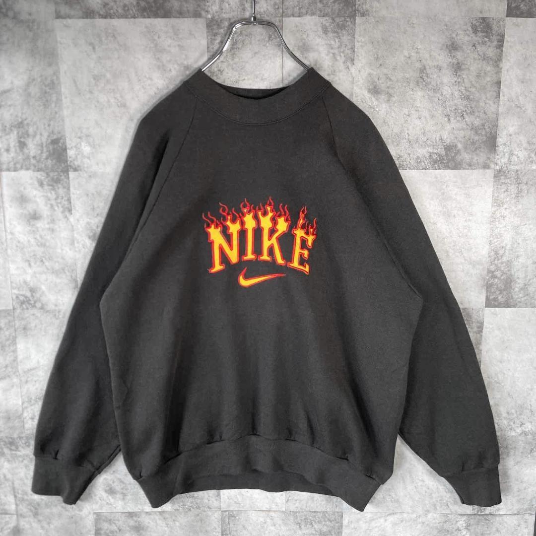 NIKE ファイヤーパターン 刺繍ロゴ スウェット USA製 古着 L ブラック