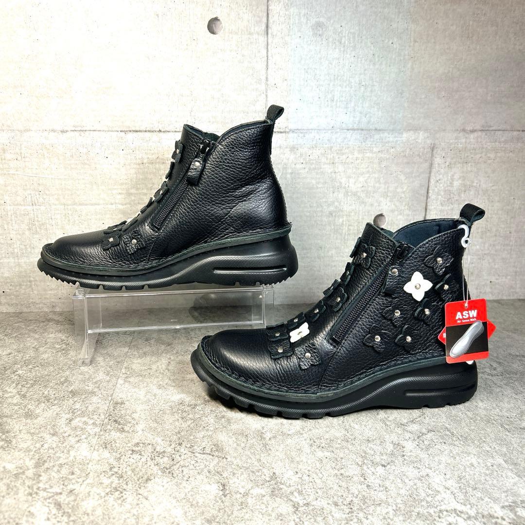 新品【JSハートレーベル 】レザーショートブーツ/花/ジップ/厚底