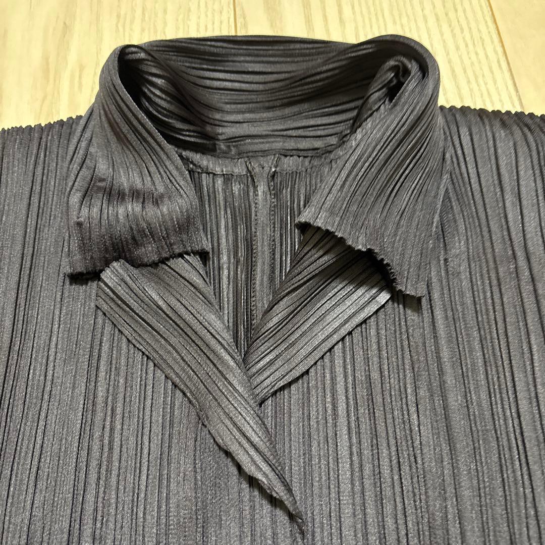 【プリーツプリーズ】ダークブラウンプリーツジャケット風シャツ Pleats Please Issey Miyake Basics プリーツ シャツ | ブラック