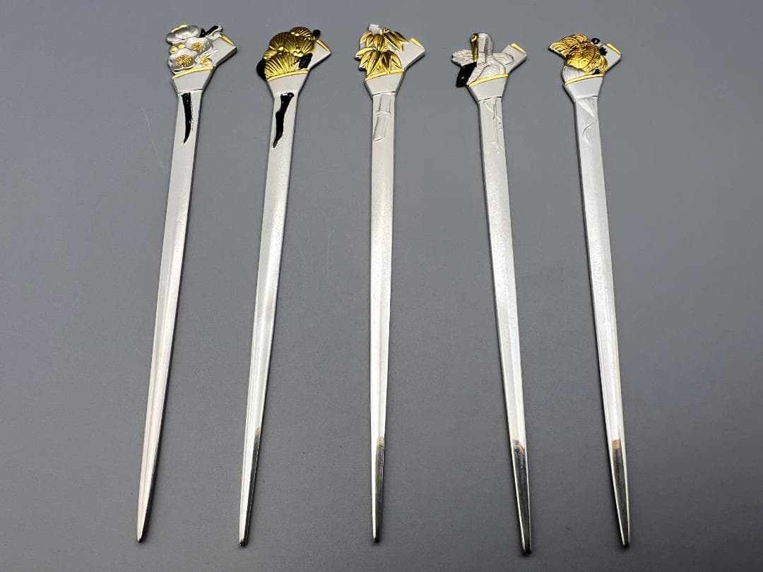SILVER925 刻印 銀製 菓子楊枝 5本セット 鶴と亀 梅と竹 重量29g