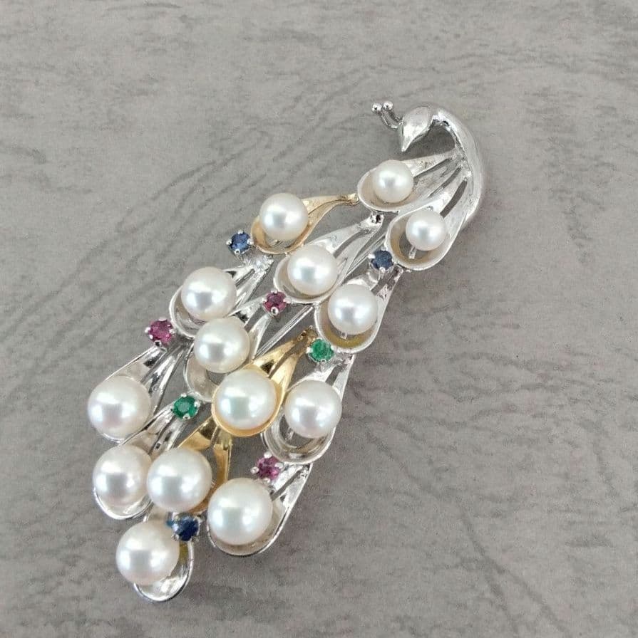 SV/K18あこや真珠/天然石ブローチ 中古品
