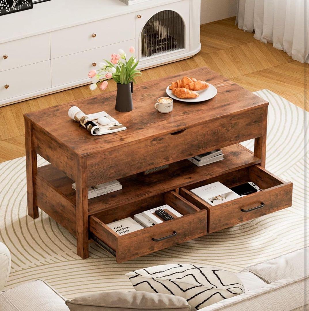 ローテーブル 昇降式 木製 コーヒーテーブル 引き出し付き 収納付き