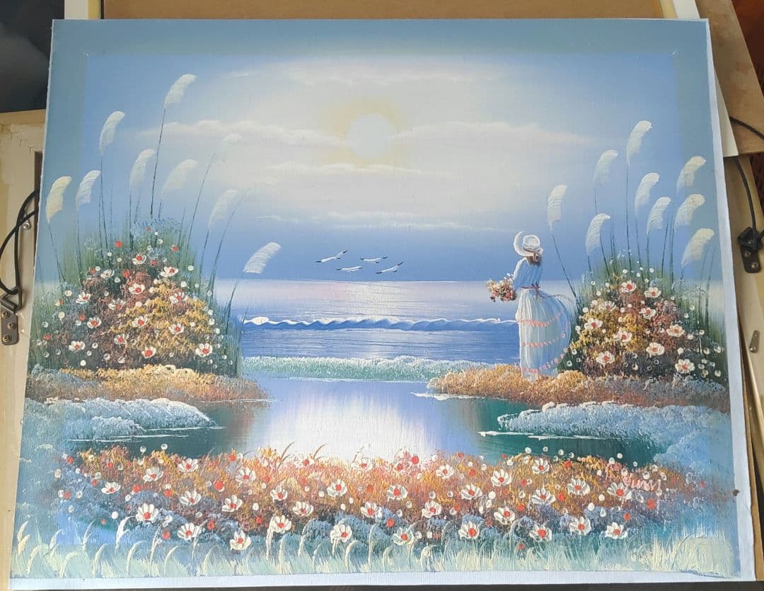 油絵専用夕方寄りそって帰るアヒルの恋人たち