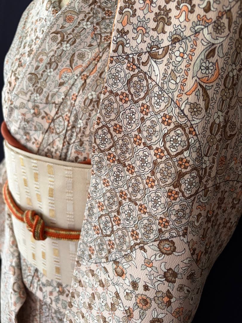 更紗小紋】更紗切り嵌め 細かな彫りの柄 洋草花菱文 しつけ付き 身丈