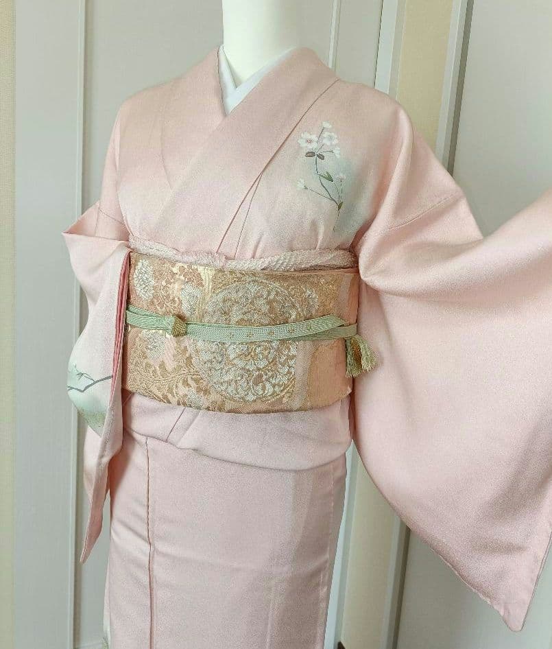 正絹訪問着（しつけ糸付き）　フルセット4点　卒業式　入学式　宮参り　七五三 訪問着 レンタル 正絹 京友禅 ピンク撫子色 草花 着物 七五三 お宮参り