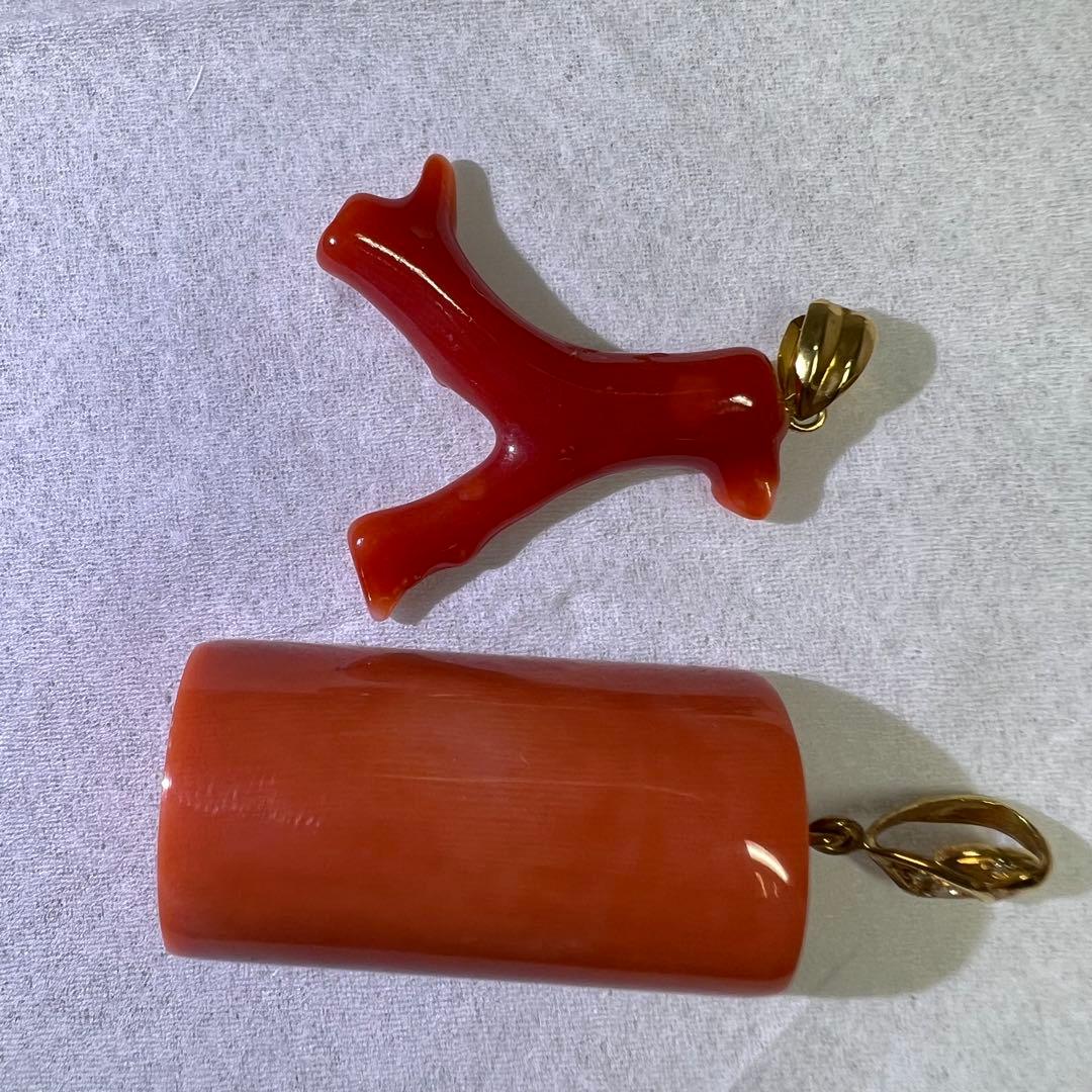 1K18刻印　ダイヤ入　本赤珊瑚　ネックレストップ　2点　10.7g