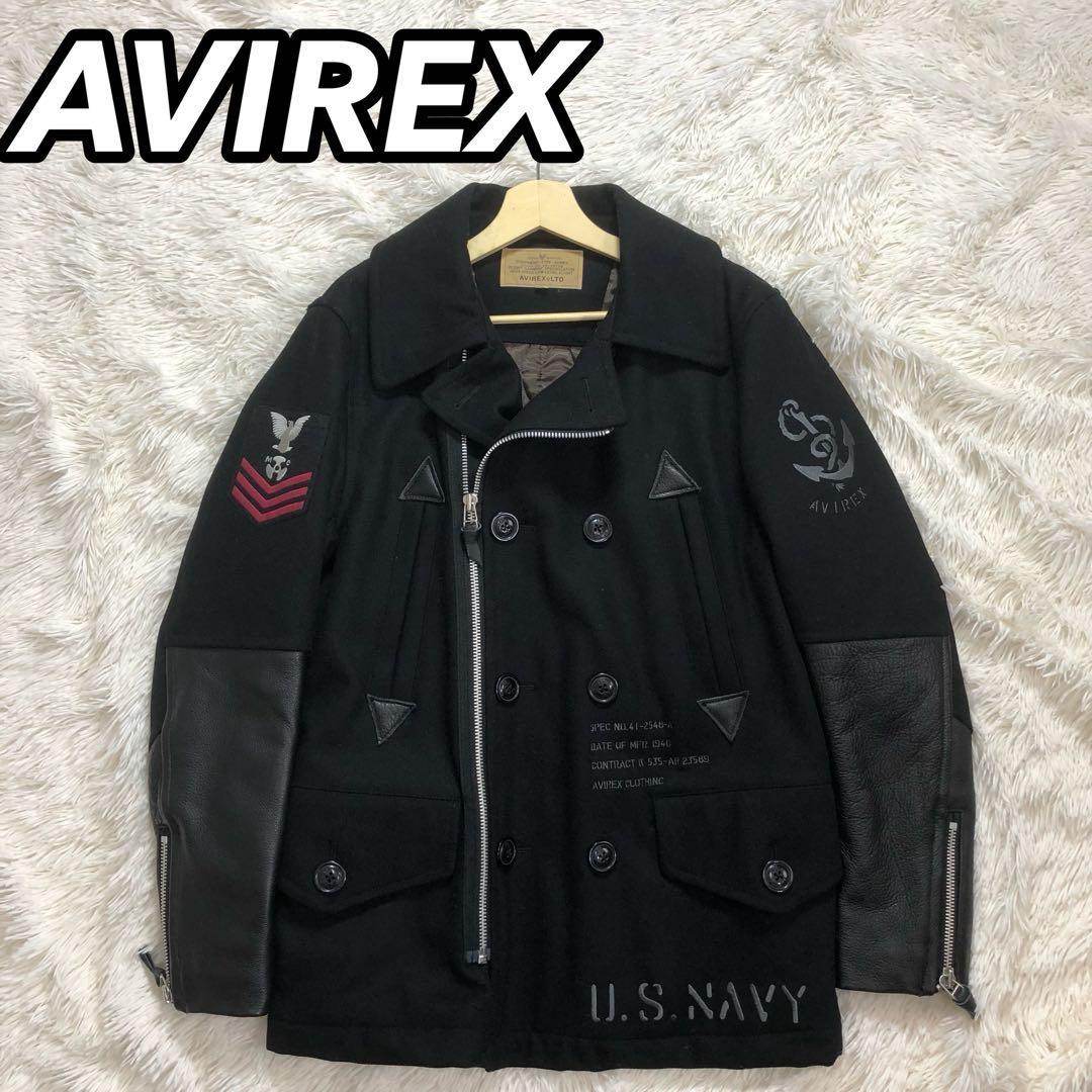 AVIREX　Pコート　切替　袖レザー　牛革　ワッペン　ダブル仕様　ブラック　L AVIREX Pコート 切替 袖レザー 牛革 ワッペン ダブル仕様 ブラック M