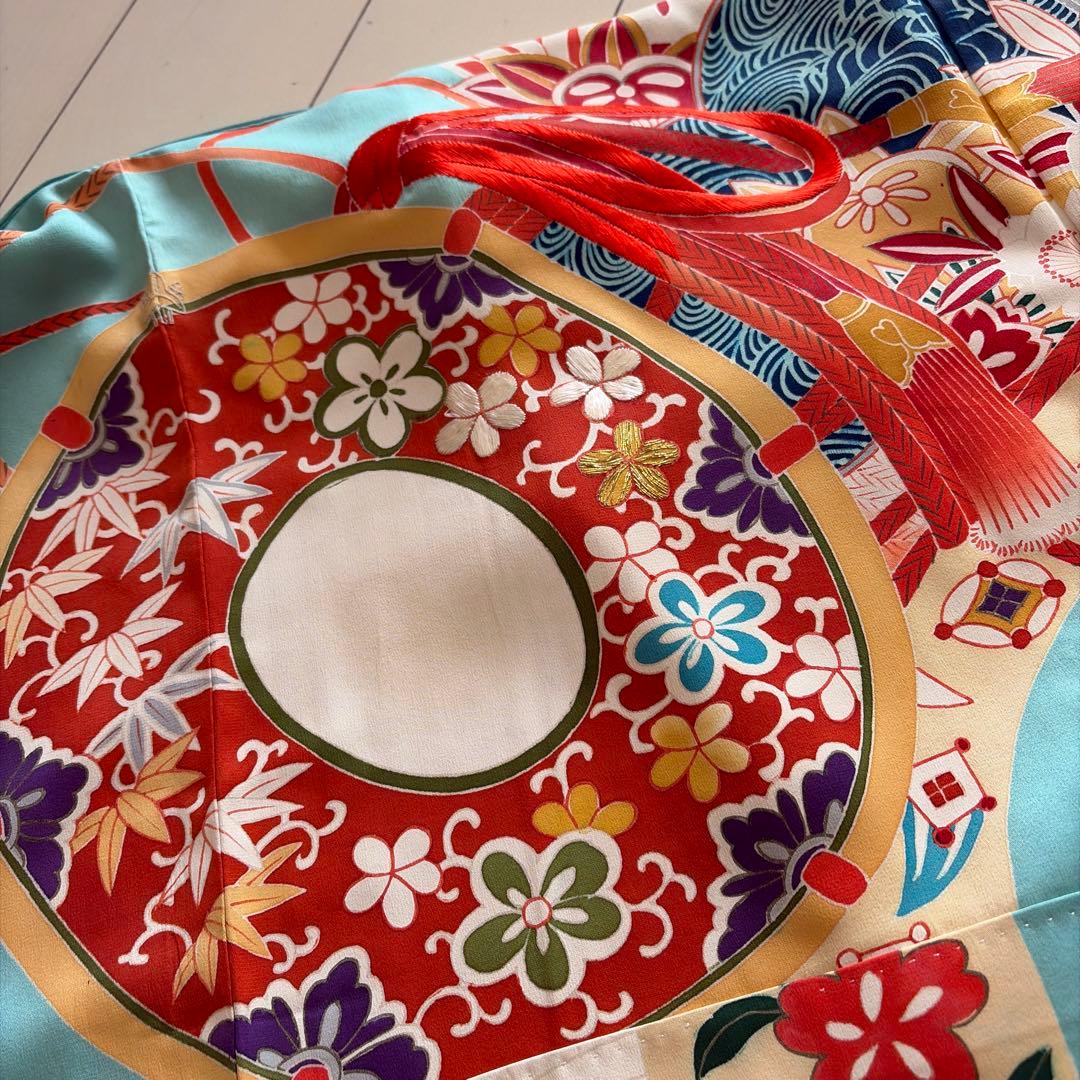 □E5787□アンティーク□正絹□水色 宝尽し柄 袷 小振袖□丈163 裄66